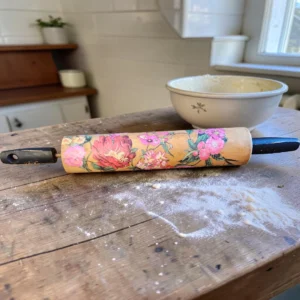 Rolling Pin with Pink Flowers and Vines