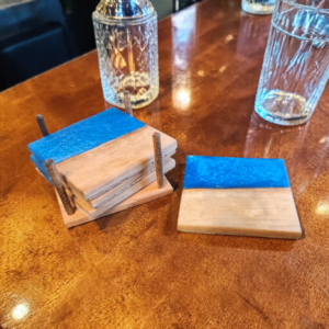 Set of 4 Wood and Epoxy Coasters with Base