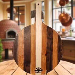 Walnut, Cherry, and Maple Round Serving Board with handle